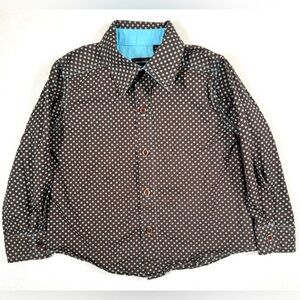 WONDERBOY Boys Button Down Shirt Brown Turquoise Dots 2T Long Sleeve‎ Preppy USA
